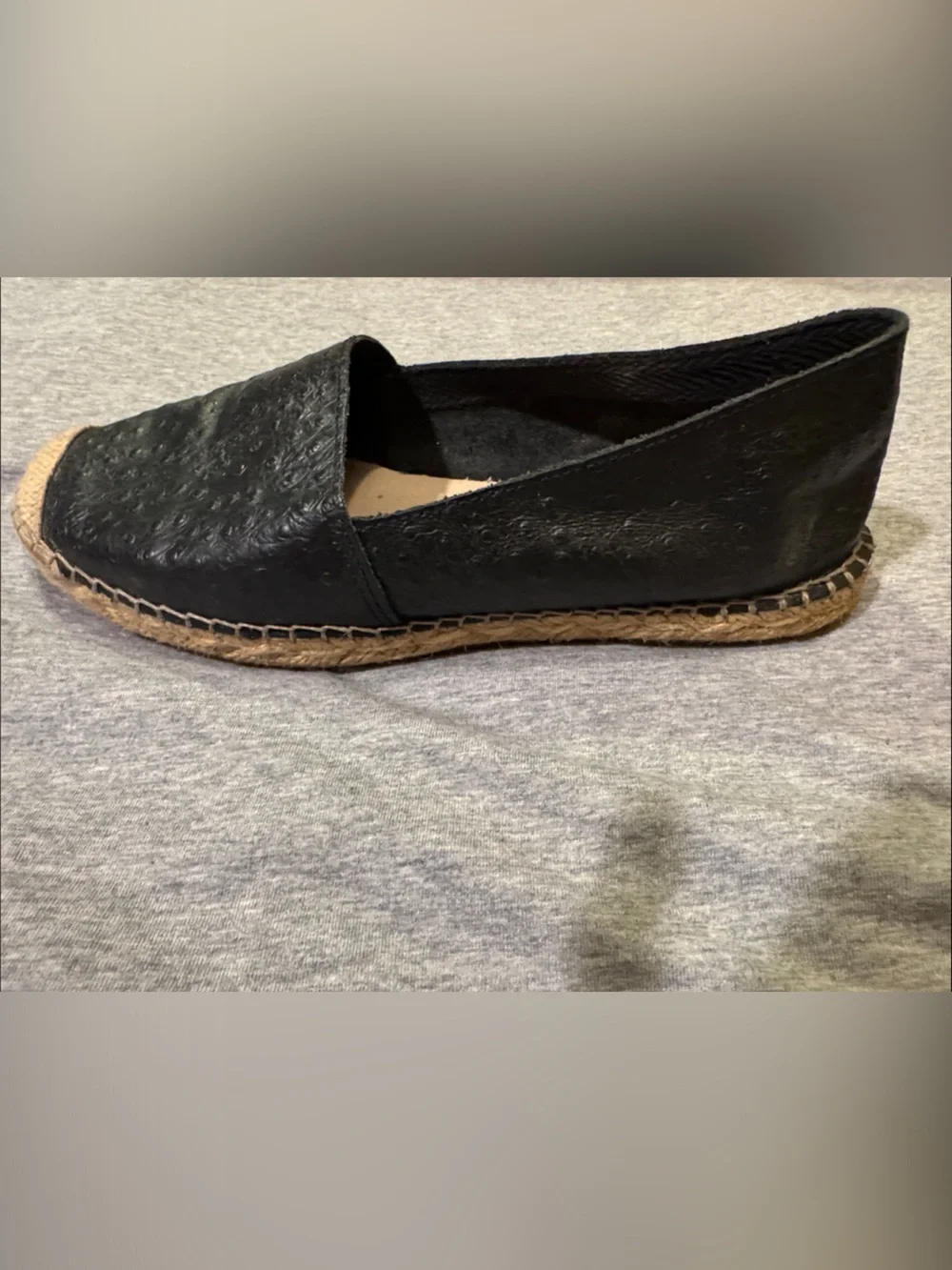 Fabiolas Black Ostrich Textured Pattern Leather Espadrille Flats for Women